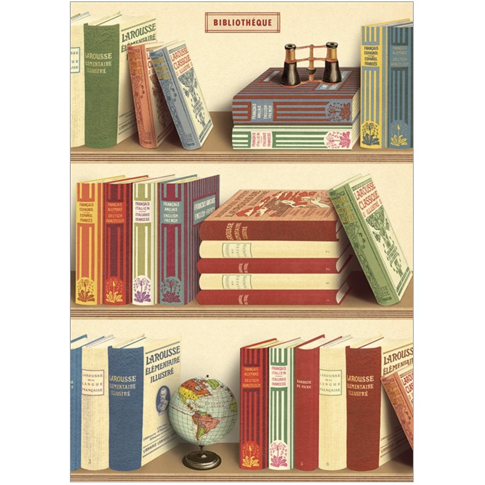 Vintage style illustrations of books and ornaments on shelves