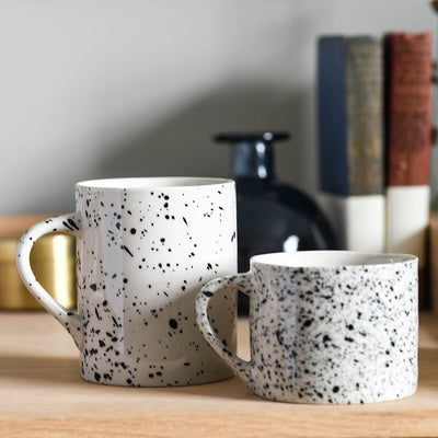 Two Black & White Ama Spatter Mugs in Short and Tall
