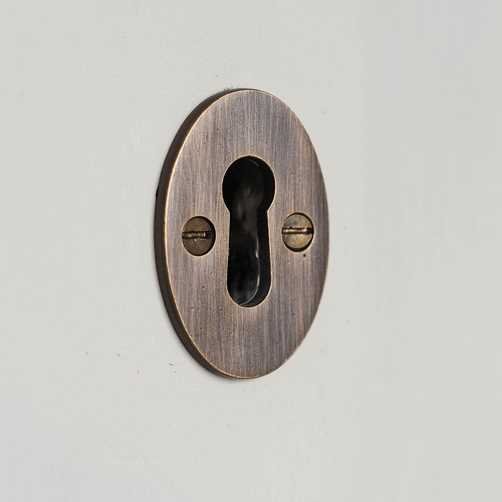 Plain Oval Escutcheon Without Cover in Distressed Antique Brass.