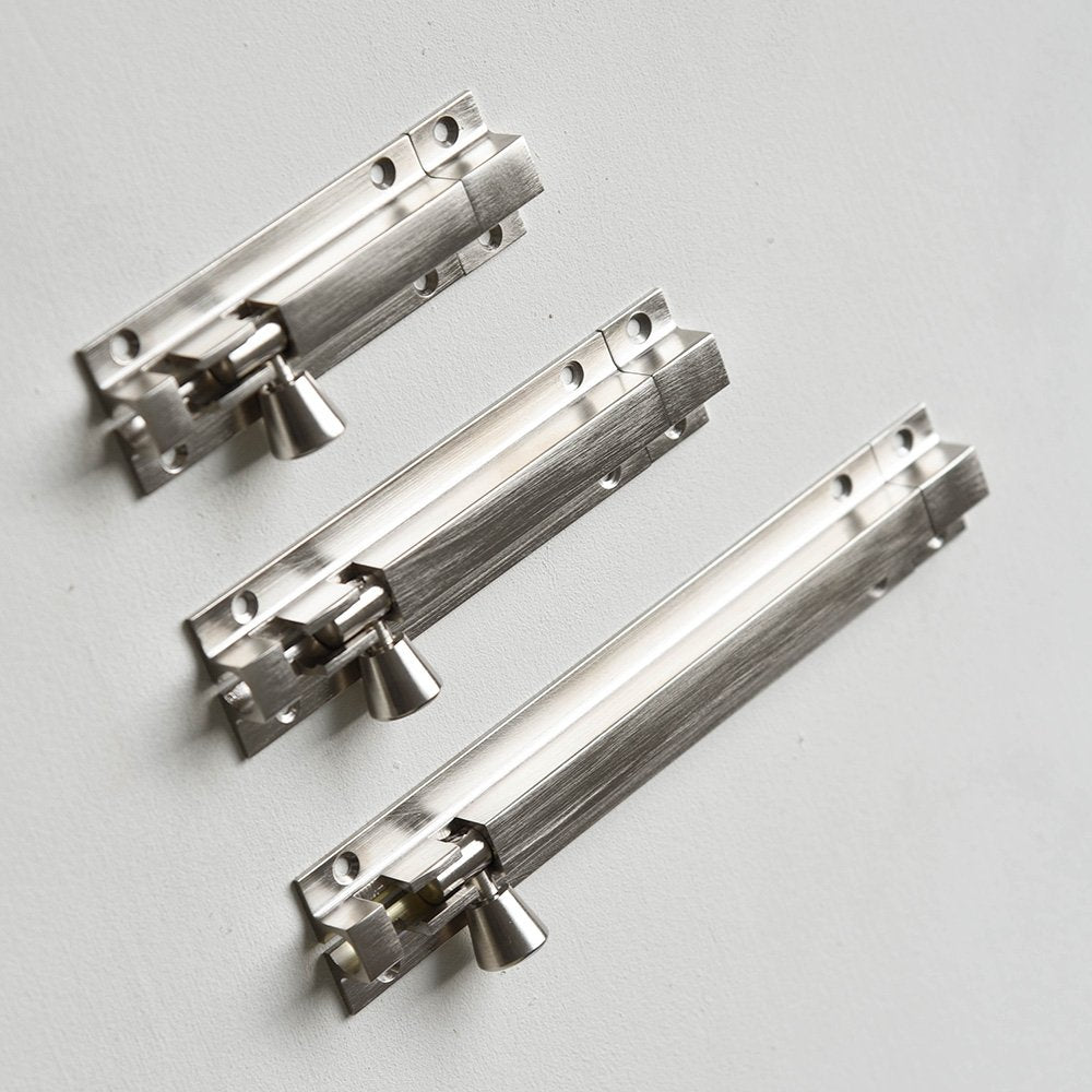 Solid brass Square Section Barrel Bolt in Satin Nickel plated finish in three sizes ascending from top.