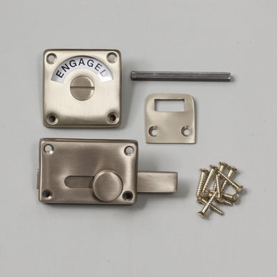 Components of Satin Nickel Vacant Engaged Lock.