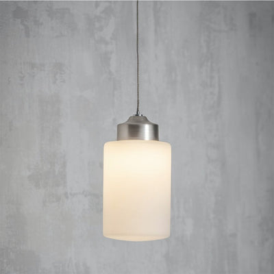 Bathroom pendant light with satin nickel fastenings and warm opaque glass shade