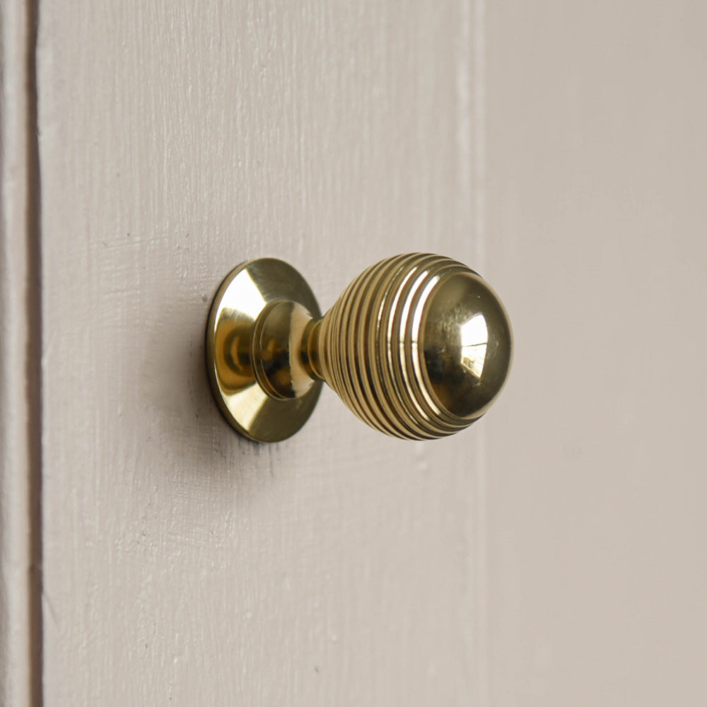 Reeded Beehive Cabinet Knob in Polished Brass on cream cupboard door.
