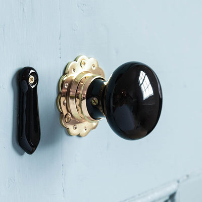 Black Ceramic Door Knobs with Brass Petal Backplate on Door with Matching Black Ceramic Escutcheon