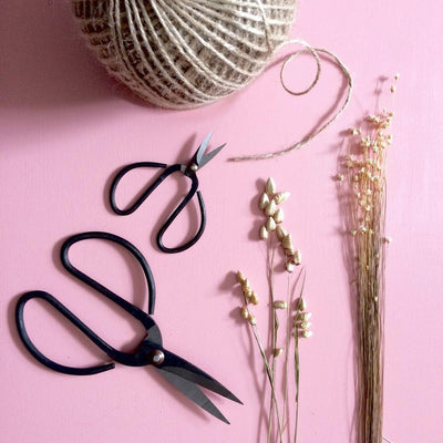 Small and large black metal flower scissors with twine and dried flowers