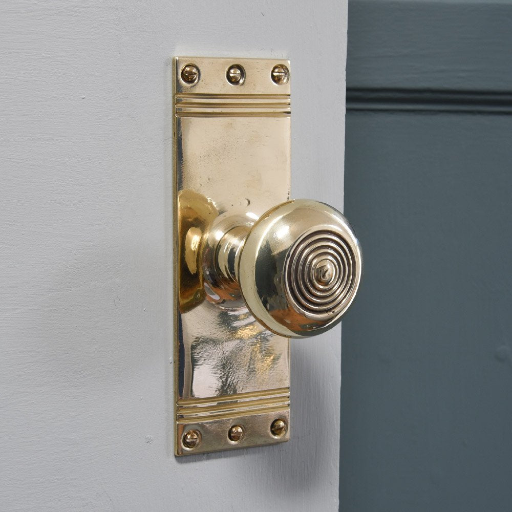 Brass Hampden Door Knobs with Long Rectangular Backplate and Reeded Detailing