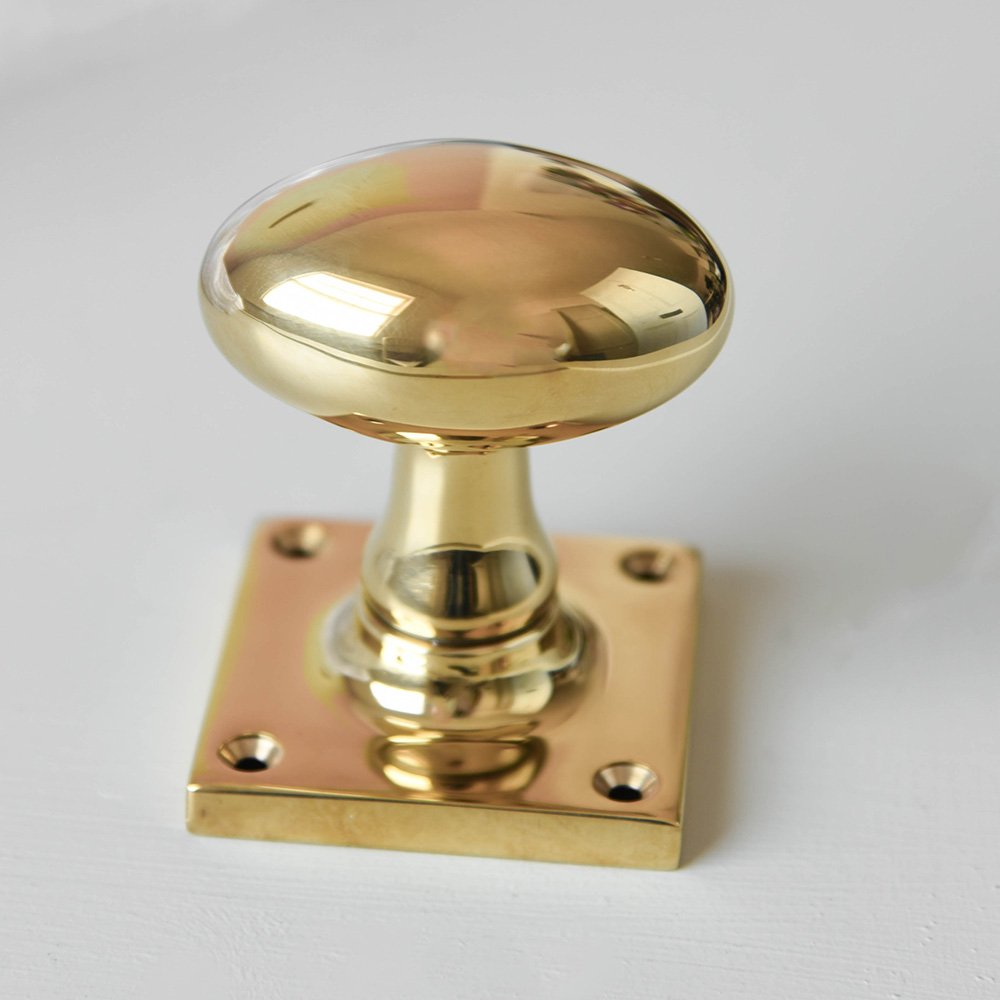 Brass oval door knob on square backplate