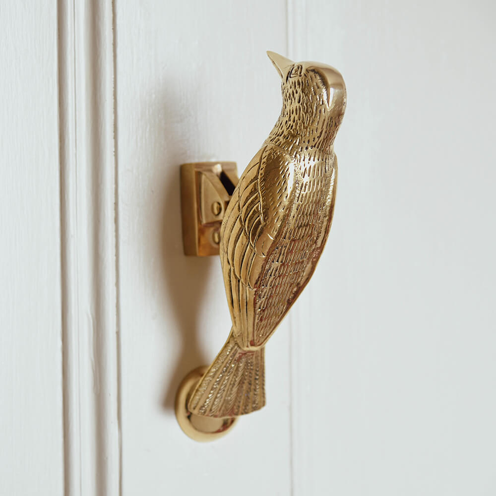 Brass woodpecker door knocker on a front door seen from the front showing the detail in the feathers