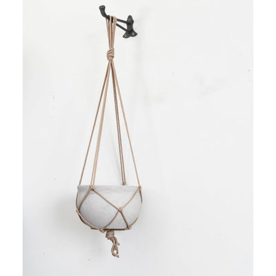 Stone colour cement hanging planter with light brown macrame hanging rope