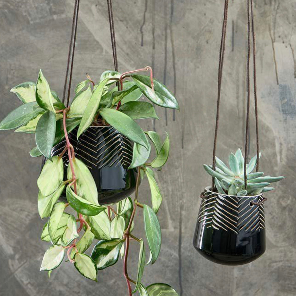 Two Ceramic Hanging Planters with Black Chevron Pattern in Large and Small