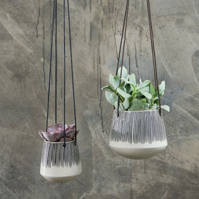 Two Ceramic Hanging Planters with Black Line Pattern in Small and Large