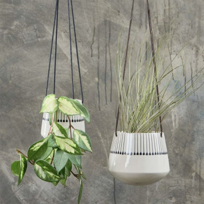 Two Ceramic Hanging Planters with Match Stick Pattern in Small and Large