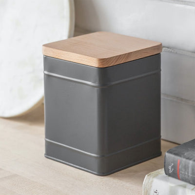 Charcoal grey storage tin with beech wood lid