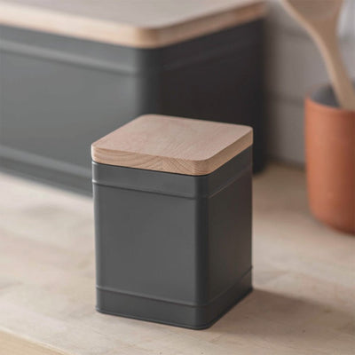 Small charcoal grey storage tin with beech wood lid