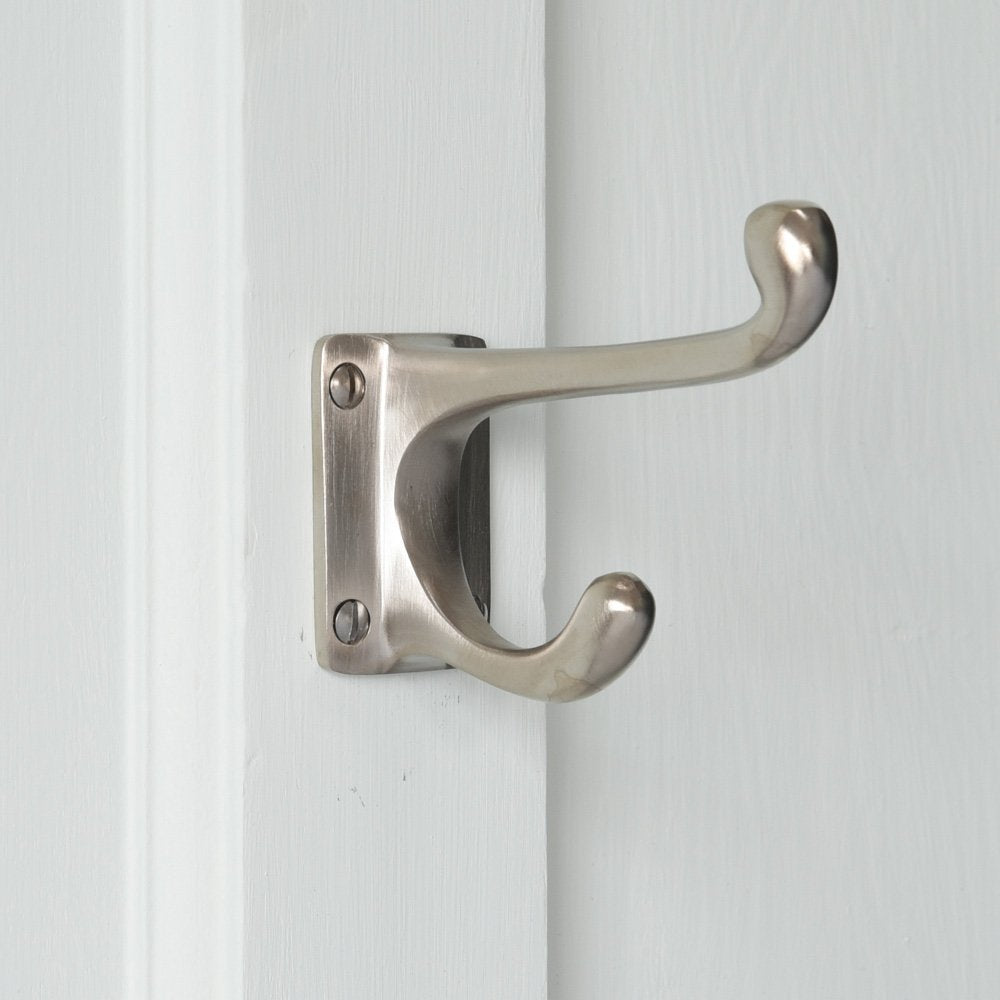 Solid brass Double Coat Hook in Satin Nickel plated finish.