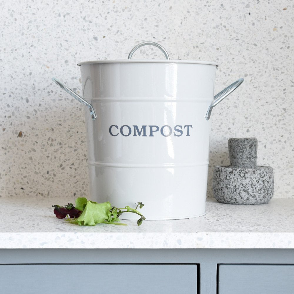 White composting bin with 'COMPOST' motif and handles