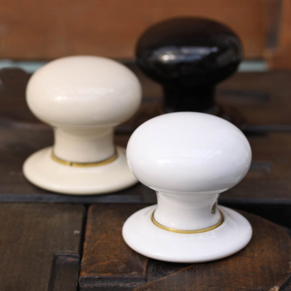 Ceramic Door Knobs with Brass Collar in White, Cream and Black