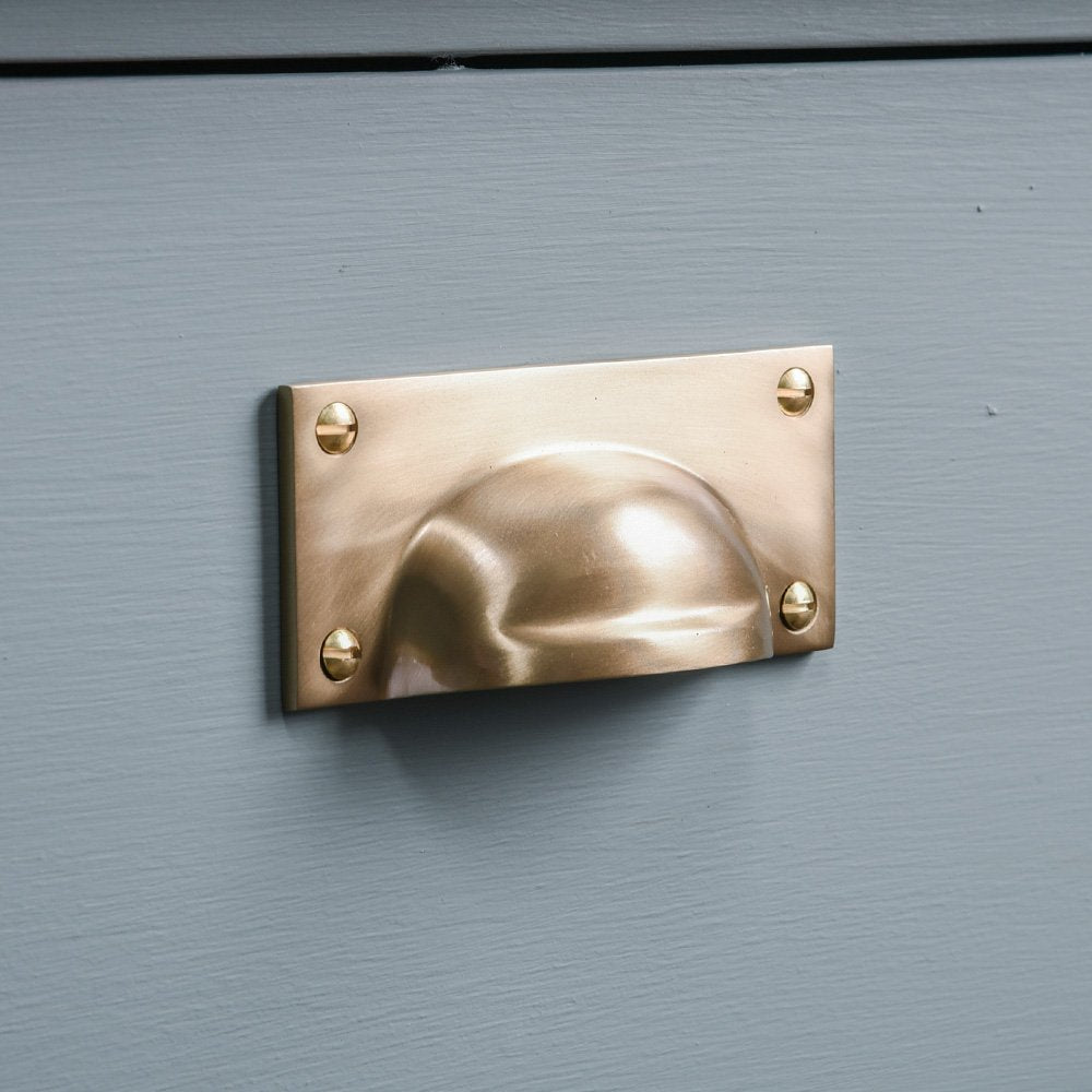 Solid Brass Hooded Drawer Pull in Satin Brass finish.