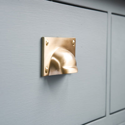 Alternate angle of solid Brass Hooded Drawer Pull in Satin Brass finish