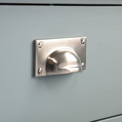 Solid brass Hooded Drawer Pull in Satin Nickel plated finish.