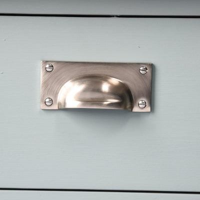 Front view of solid brass Hooded Drawer Pull in Satin Nickel plated finish.