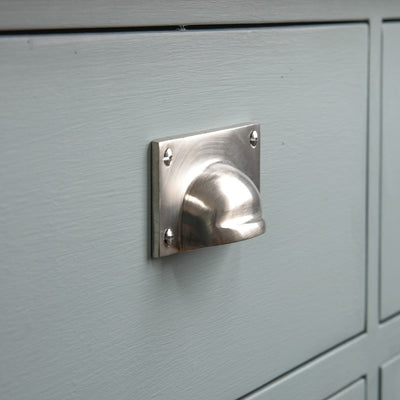 Side view of Solid brass Hooded Drawer Pull in Satin Nickel plated finish.
