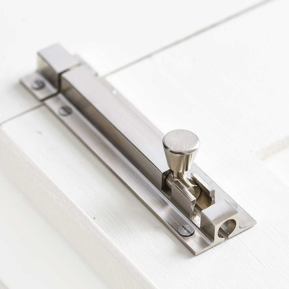 Close up of Solid brass Square Section Barrel Bolt in Satin Nickel plated finish.