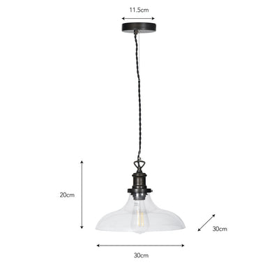 Dimensions of glass pendant light with dark antique bronze cable and fittings