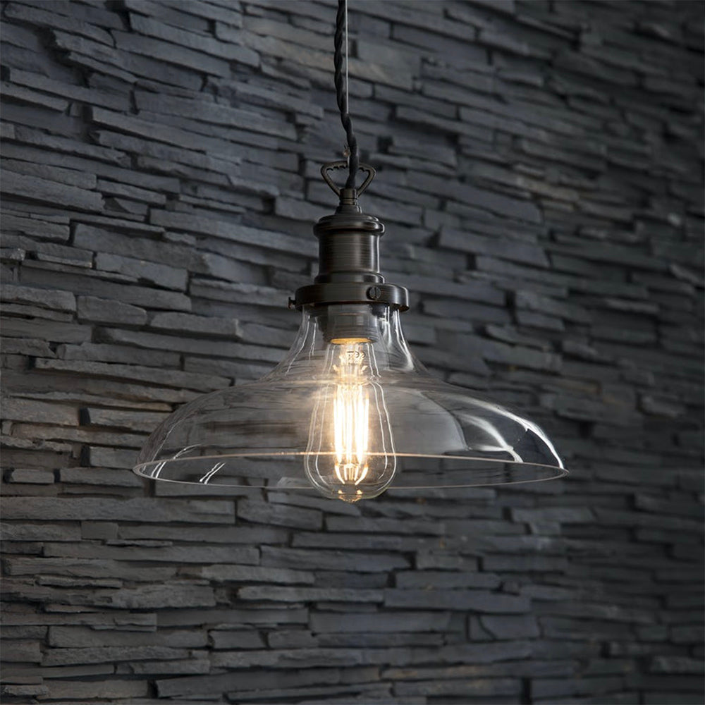 Glass pendant light with antique bronze fittings and cable