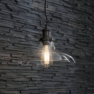 Glass pendant light with antique bronze fittings and cable