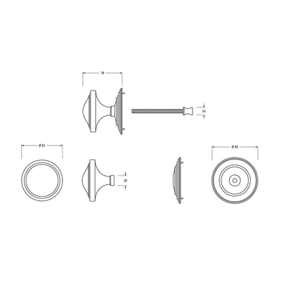 Polished Stainless Steel Round Art Deco Centre Door Pull diagram and dimensions