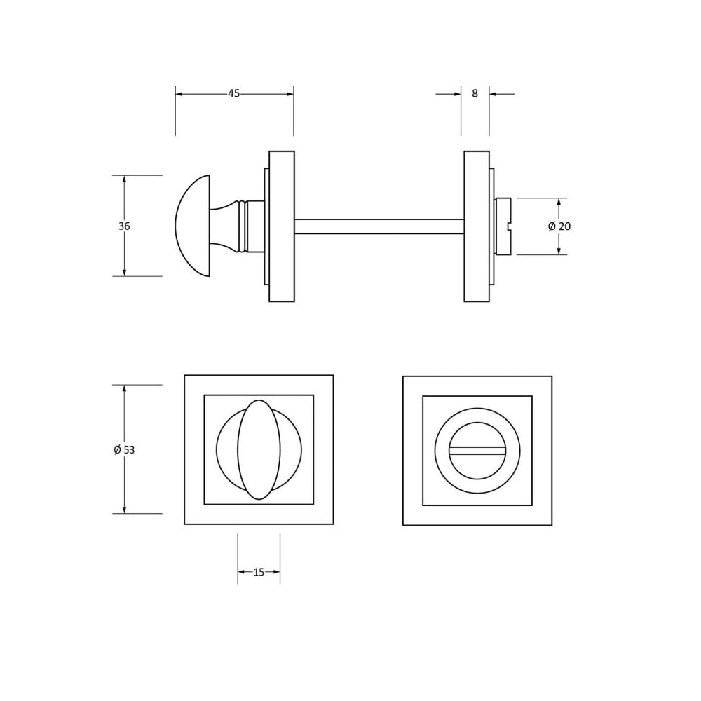 Polished Stainless Steel Square Bathroom Thumbturn diagram