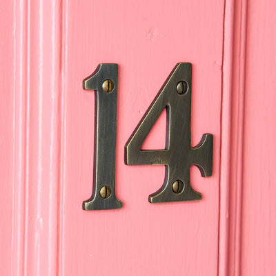 Distressed Antique Brass 3 inch House Numbers in 1 and 4 on Pink Front Door