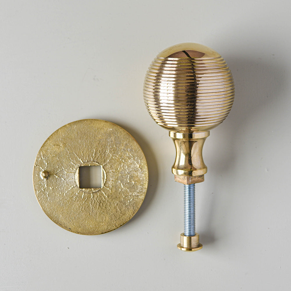 Components of Solid polished brass Large Beehive Door Pull including bolt, pull and backplate.