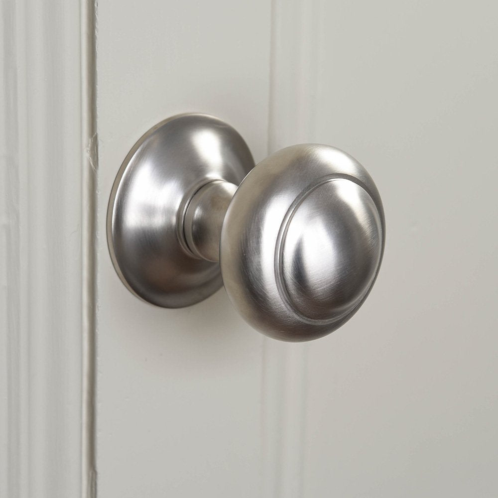 Alternate angle of solid brass 3 inch Round Door Pull with Satin Nickel plated finish.