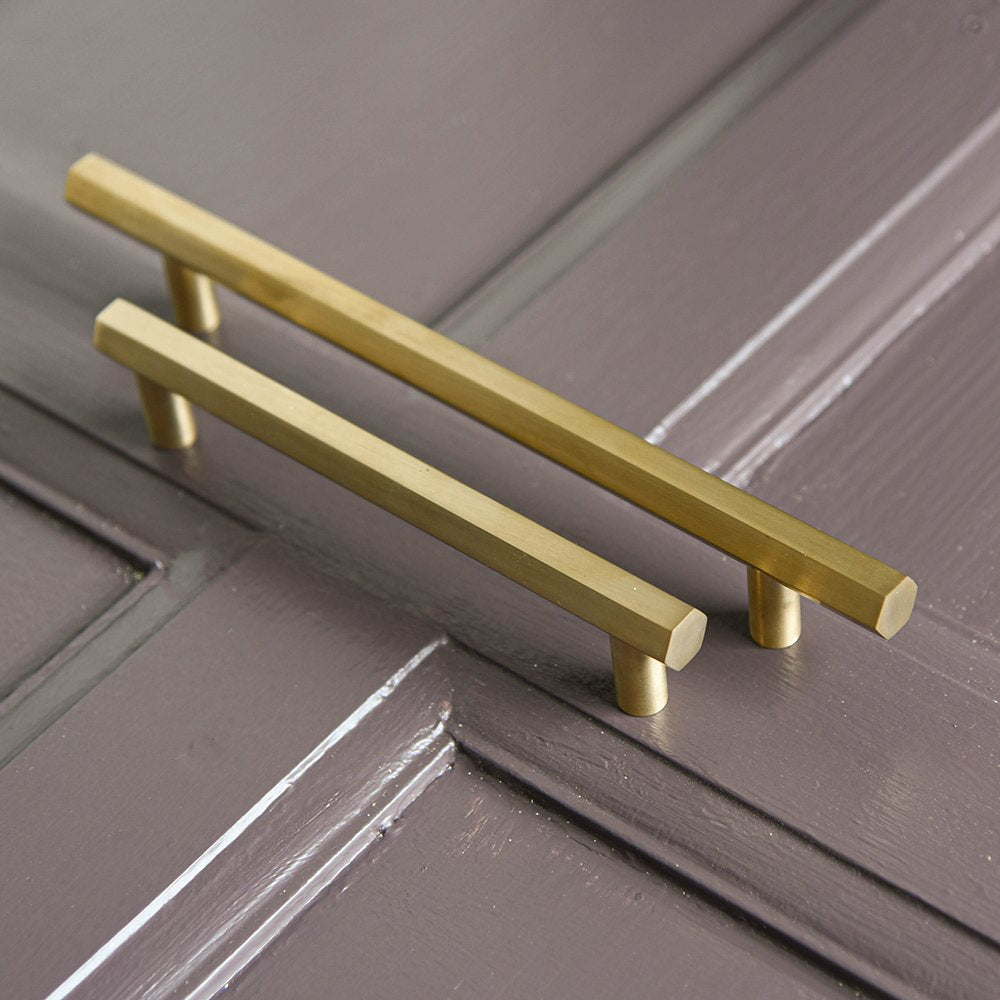Satin brass Hex Pull Handles in small (bottom) and large (top) sizes.