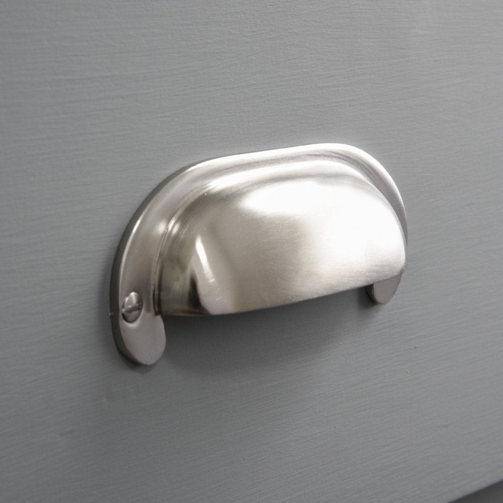 Side view of satin nickel Large Curved Hooded Pull.