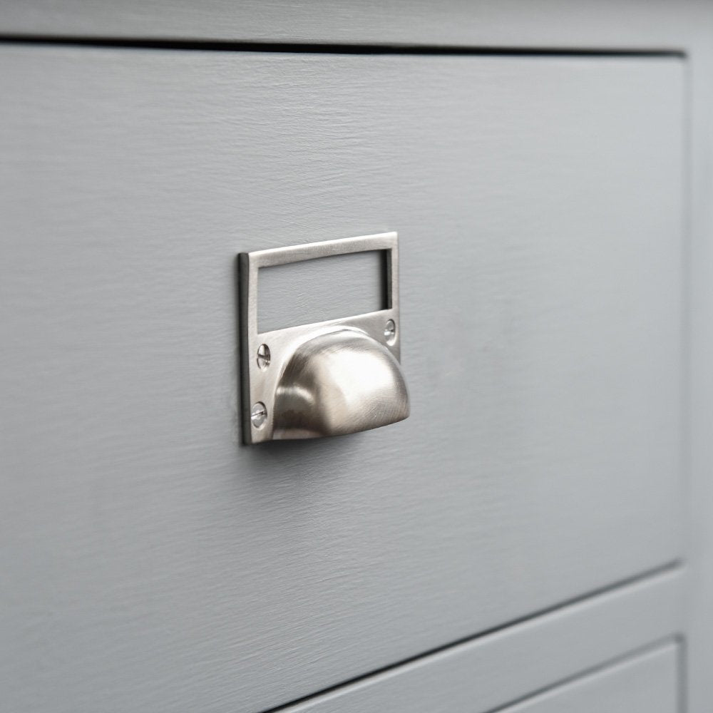 Side angle of Solid brass Hooded Pull with Card Frame in Satin Nickel plated finish.