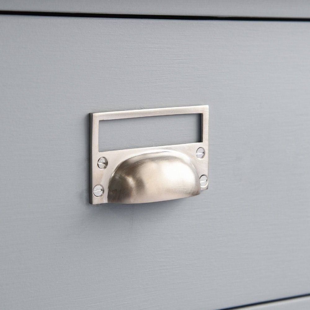 Alternate angle of solid brass Hooded Pull with Card Frame in Satin Nickel plated finish.