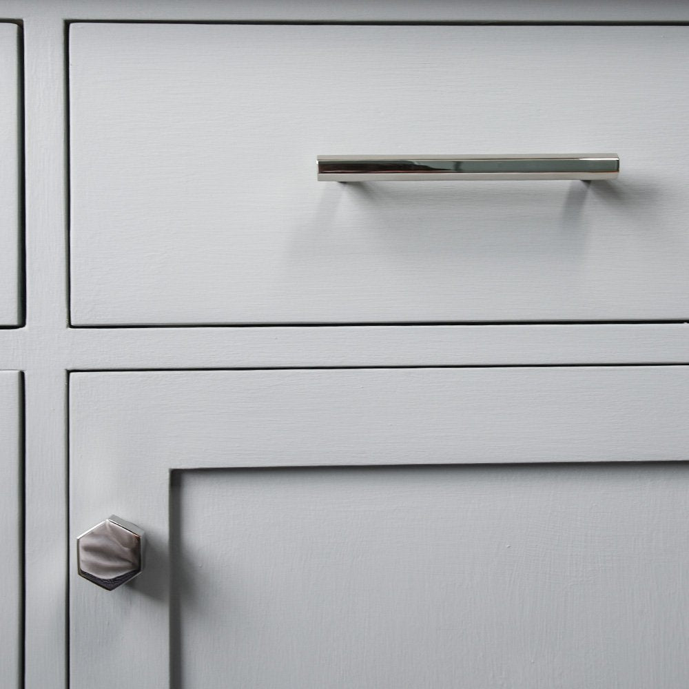 Cupboard with Hex Pull Handle and Hex Cabinet Knob both in polished nickel.