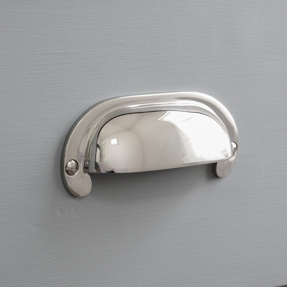 Solid brass Large Curved Hooded Pull in polished nickel finish.