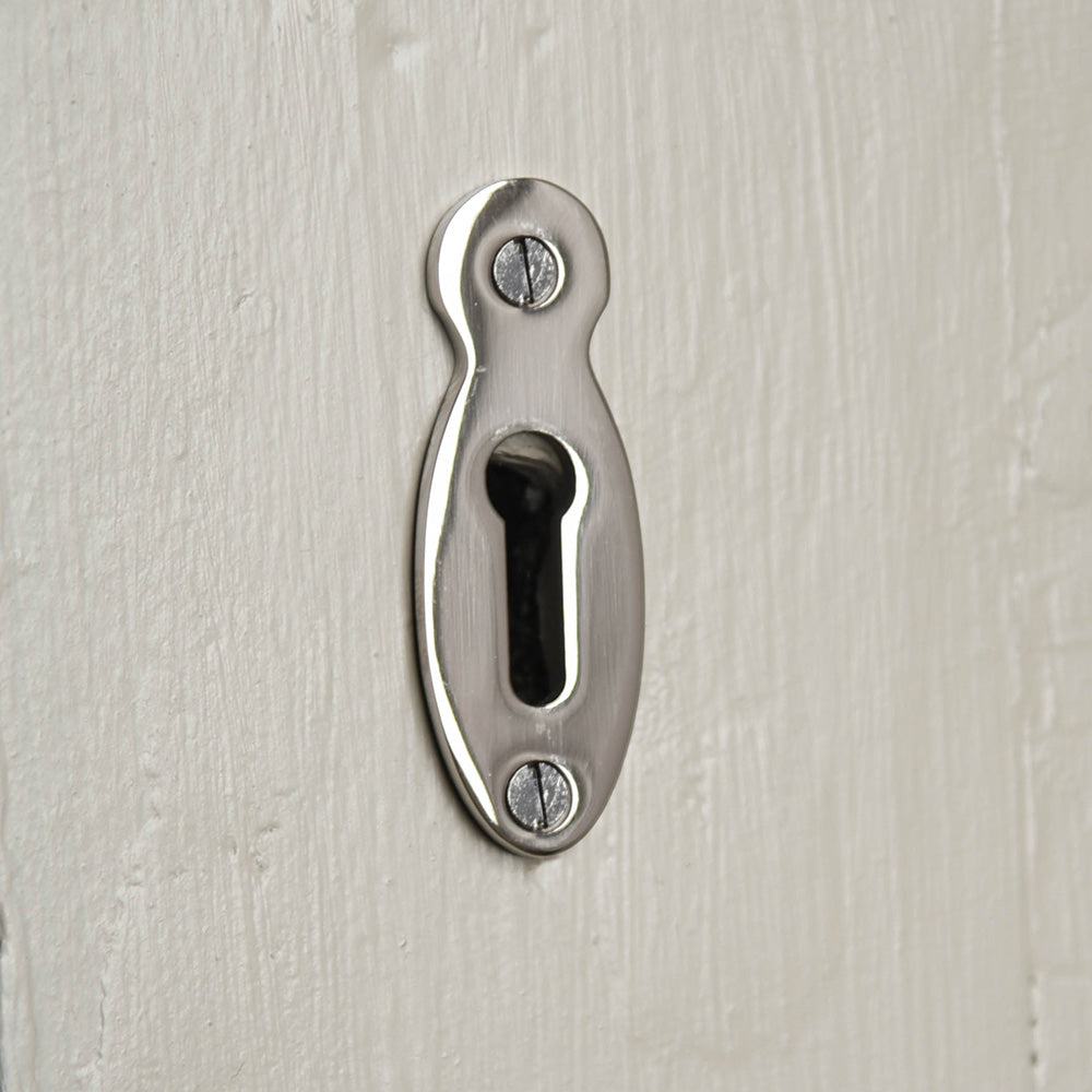 Solid Brass Teardrop Escutcheon Without Cover in Polished Nickel plated finish.