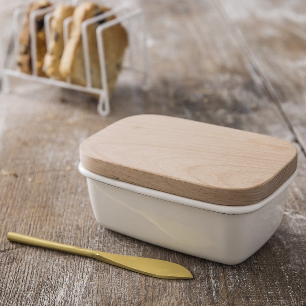 White enamel butter dish with wooden lid