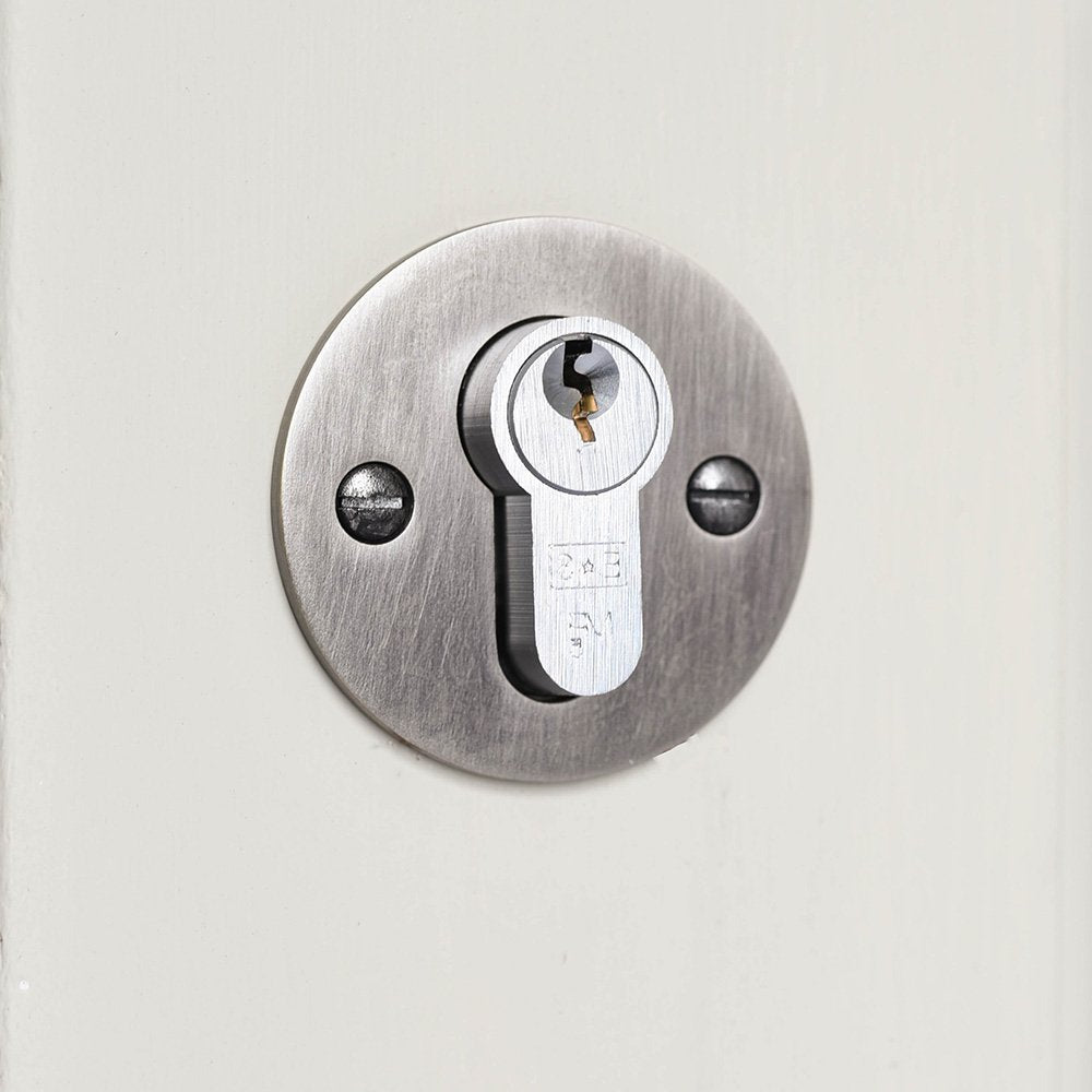 Solid brass circular escutcheon with antique nickel finish, mounted over euro cylinder lock.