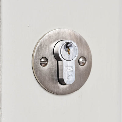 Solid brass circular escutcheon with satin nickel finish, mounted over euro cylinder lock.