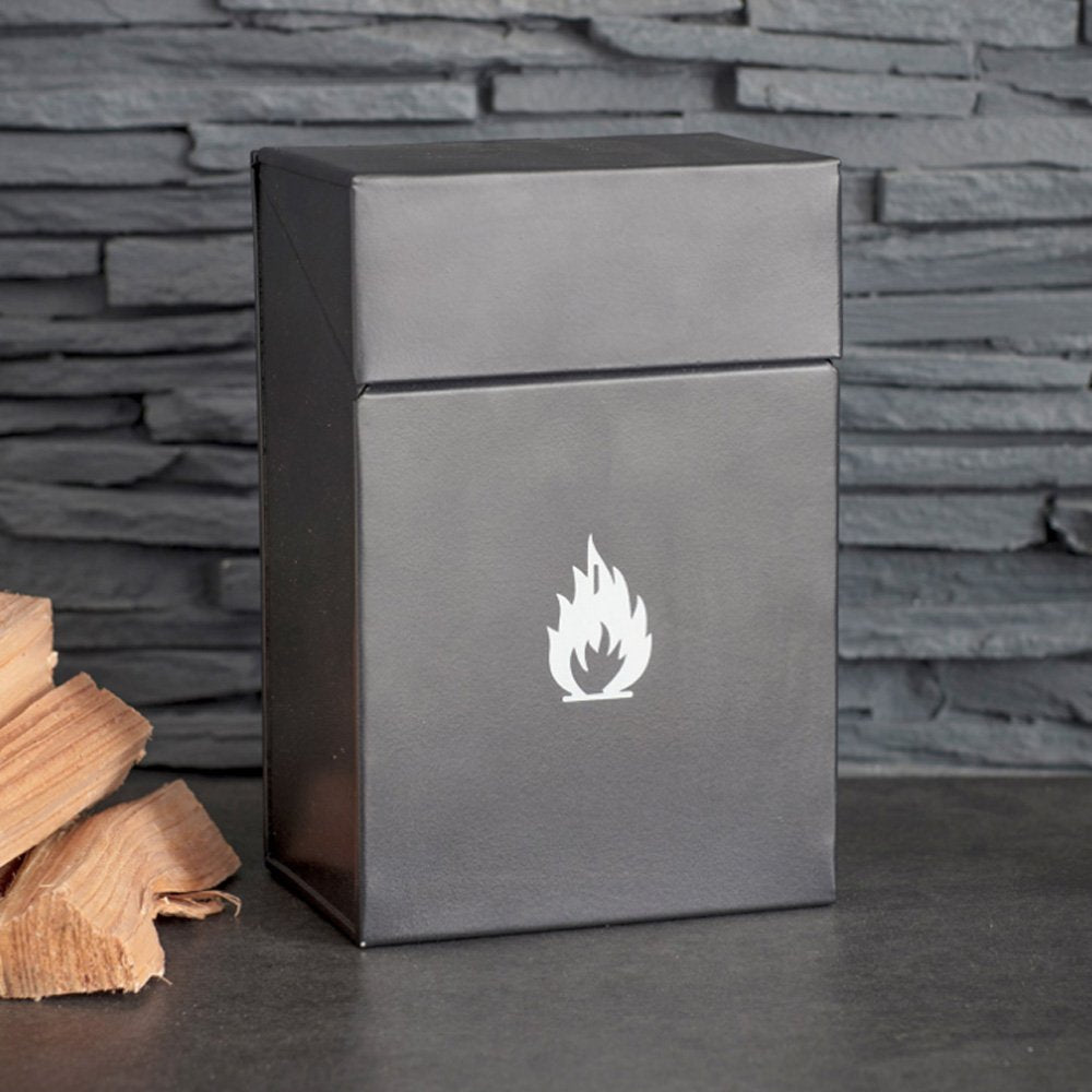 Dark grey fire lighter tin with flame motif on the front