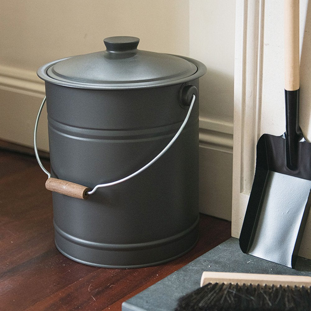 Large heavy duty dark grey metal fireside bucket with lid, silver metal handle and wooden grip