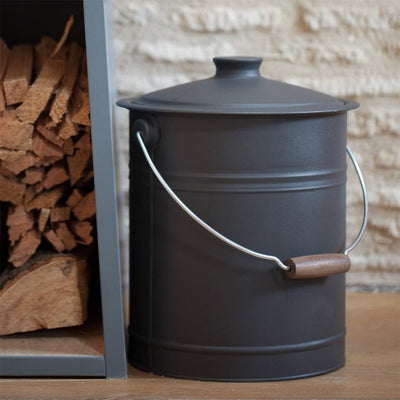 Large heavy duty dark grey metal fireside bucket with lid, silver metal handle and wooden grip