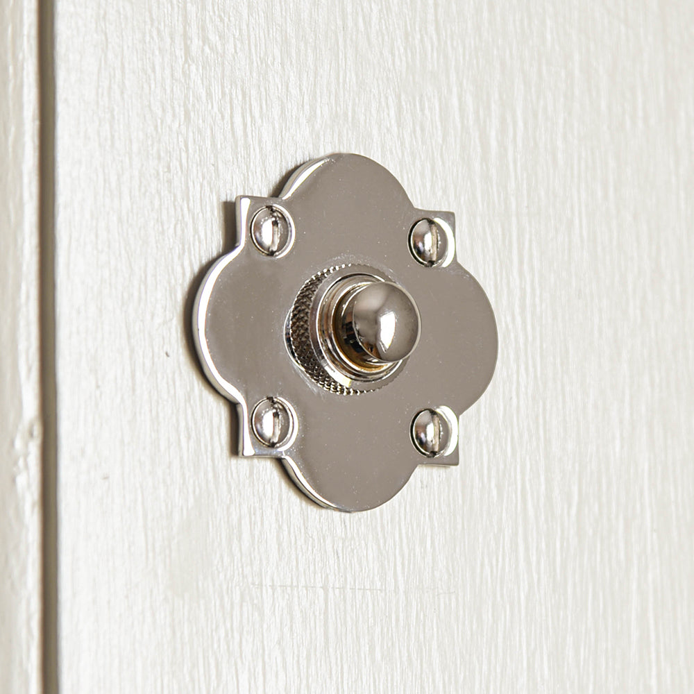 Solid brass Quatrefoil Bell Push plated with polished nickel.