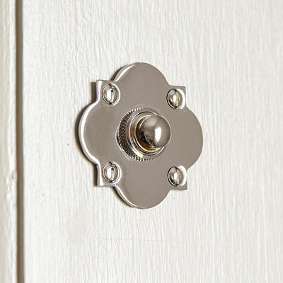 Solid brass Quatrefoil Bell Push plated with polished nickel.